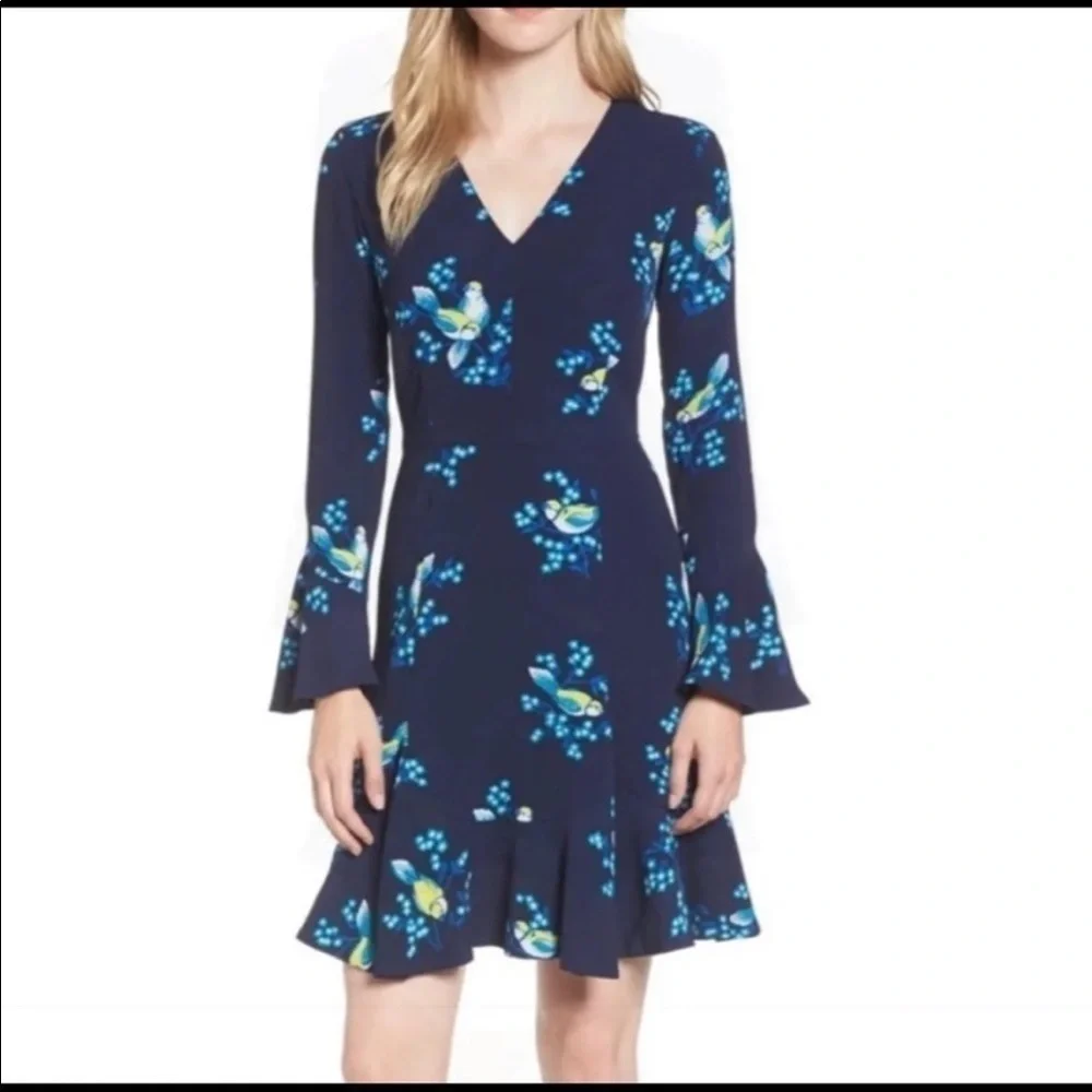 Draper James magnolia mockingbird blue‎ flare bell sleeve v neck dress